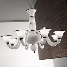 Lustre de Murano em Cristal Branco e Preto feito à mão Canaletto 8 Braços Níquel
