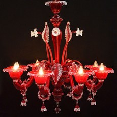 Lustre de Murano em Cristal Vermelho e transparente feito à mão Doge 8 Braços Níquel