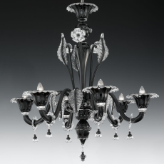 Lustre de Murano em Cristal Preto e transparente feito à mão Doge 6 Braços Níquel