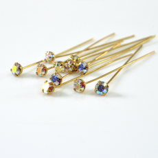 Alfinete com Cabeça de Strass Swarovski® Cristal Aurora Boreal Dourado 38mm