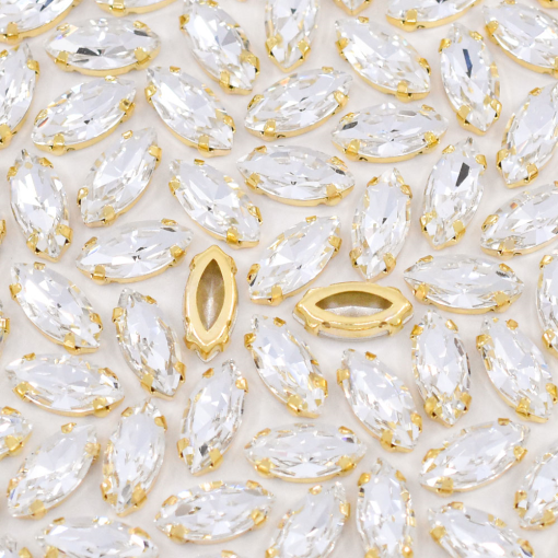 Strass Navete Engrampado Supreme para costura Cristal Dourado 15x7mm