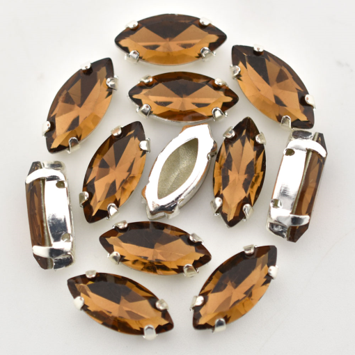 Strass Navete Engrampado Prateado Supreme para costura Smoked Topaz 10x5mm